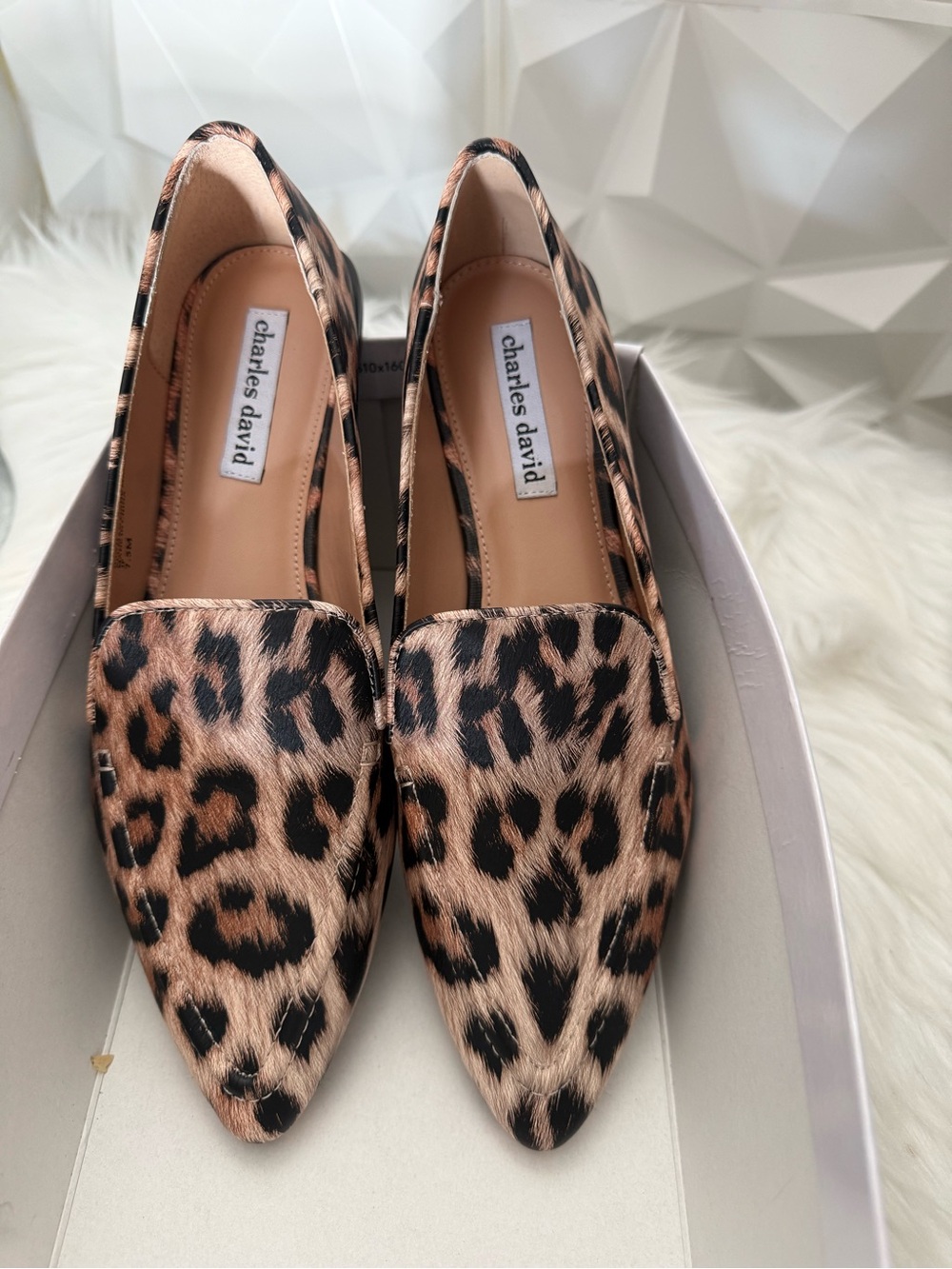 Charles David Leopard Print Pointed Toe Flats - Tan/Black